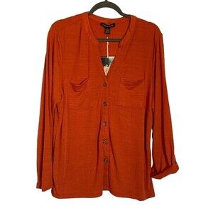 Carolyn Taylor Women's Large Button Up Tunic 3/4 Roll Sleeve 2 Pocket Top NEW